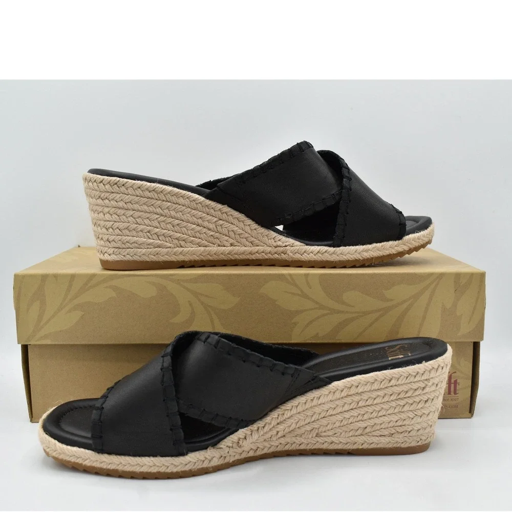 Sofft Women 9.5 Indie Black Leather Crisscross Espadrille Wedge Sandals Shoes